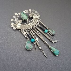 Vintage Peruvian Silver Filigree Fan Brooch with Chrysocolla Drops — Handwrought